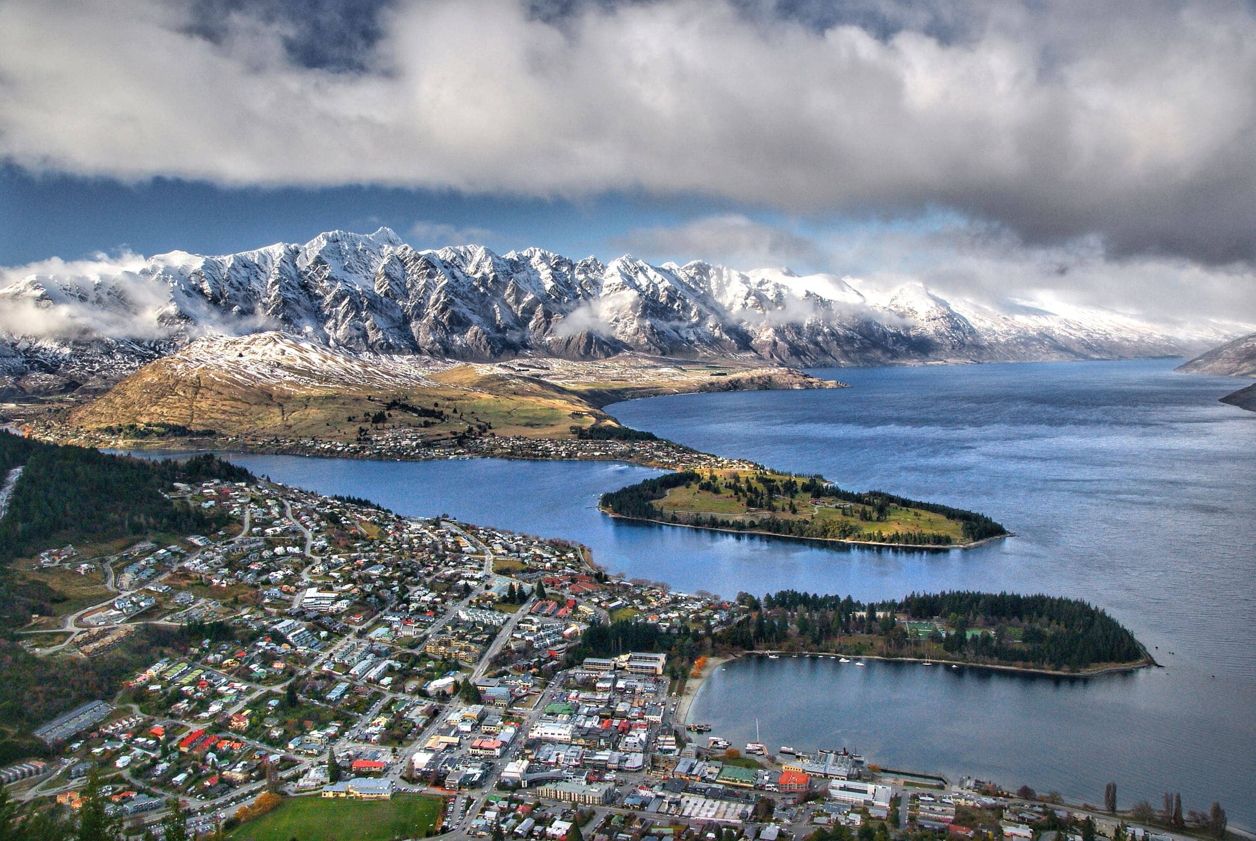 Aerial view of Queenstown, Lake Wakatipu and the snow-capped Remarkables