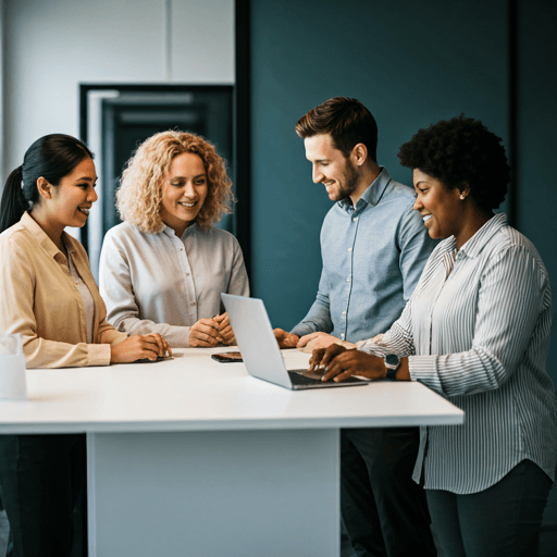happy multi-ethnic group of professionals collaborating in a bright modern open-plan office in Auckland