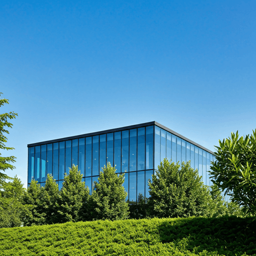 modern minimalist office building with large glass windows reflecting a bright blue sky and lush greenery