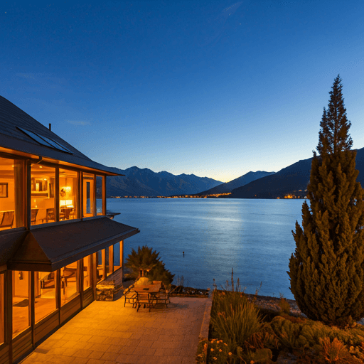 luxury lakeside lodge in Queenstown overlooking Lake Wakatipu at dusk with warm interior lighting and mountain backdrop